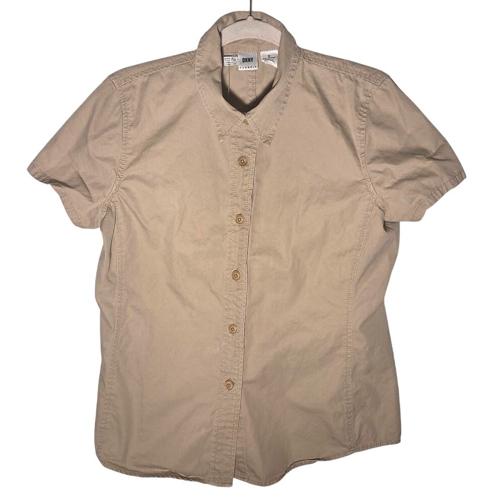 Stylish Tan DKNY Classic Short Sleeve Button Up Shirt - Size 12